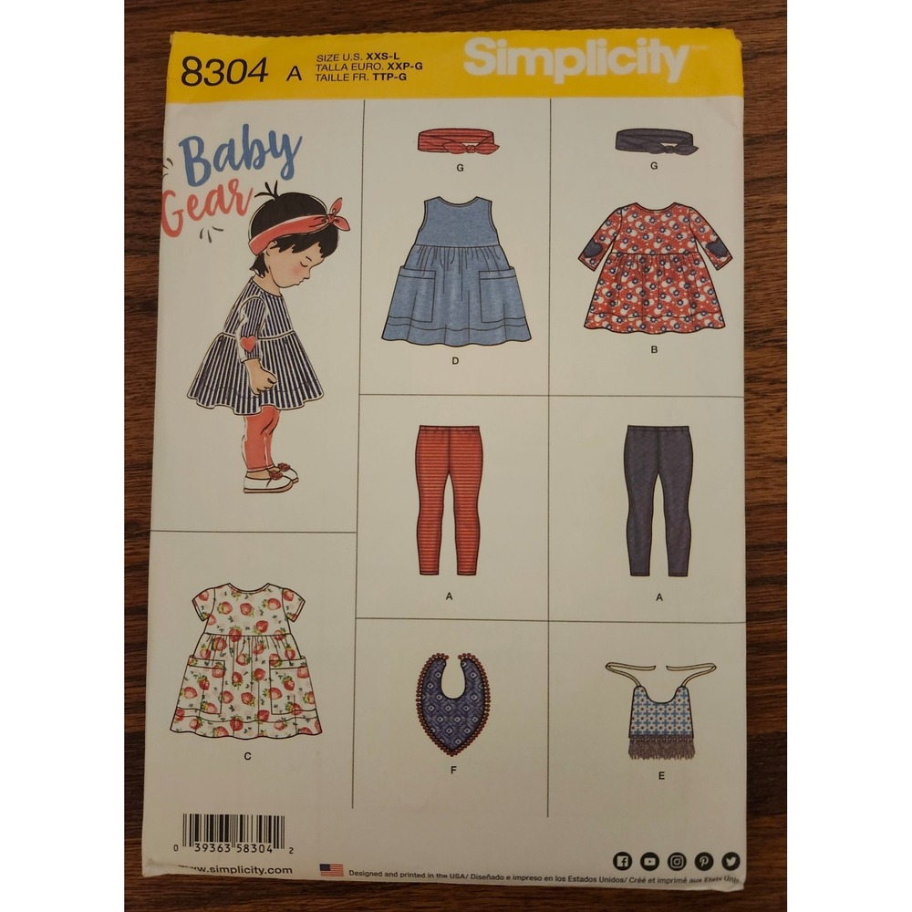 Simplicity 8304 Baby Gear Sewing Pattern Dress Leggings Top Bib Headband XXS-L